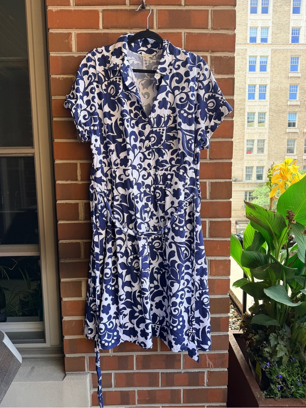 Talbots Navy and White Floral Button-Front Shirt Dress